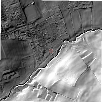 Shaded relief map of the ground around NG165JB, computed from Environment Agency LiDAR. The ground here sits at about 76 m above sea level and falls 48 m across the surrounding 800 m. Surface water reaching this point runs off ground lying to the north-west, 22.8 m higher.