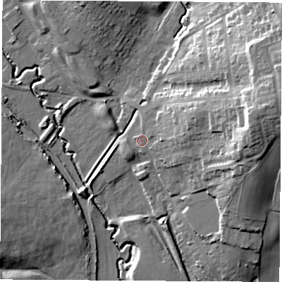 Shaded relief map of the ground around NG165JW, computed from Environment Agency LiDAR. The ground here sits at about 76 m above sea level and falls 30 m across the surrounding 800 m. Surface water reaching this point runs off ground lying to the east-north-east, 11.3 m higher.