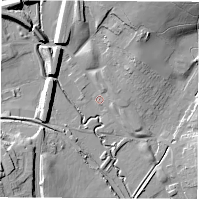 Shaded relief map of the ground around NG165LR, computed from Environment Agency LiDAR. The ground here sits at about 74 m above sea level and falls 23 m across the surrounding 800 m. Surface water reaching this point runs off ground lying to the north-north-east, 3.6 m higher.