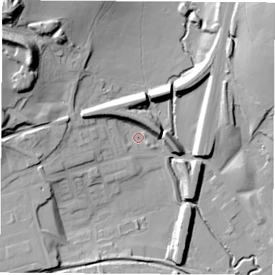 Shaded relief map of the ground around NG165NA, computed from Environment Agency LiDAR. The ground here sits at about 75 m above sea level and falls 39 m across the surrounding 800 m. Surface water reaching this point runs off ground lying to the west, 14.9 m higher.