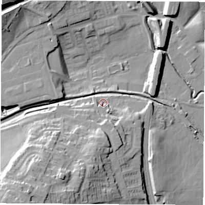Shaded relief map of the ground around NG165NE, computed from Environment Agency LiDAR. The ground here sits at about 81 m above sea level and falls 45 m across the surrounding 800 m. Surface water reaching this point runs off ground lying to the south, 16.6 m higher.