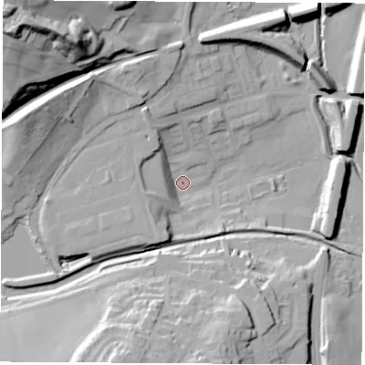 Shaded relief map of the ground around NG165NF, computed from Environment Agency LiDAR. The ground here sits at about 75 m above sea level and falls 49 m across the surrounding 800 m. Surface water reaching this point runs off ground lying to the west-north-west, 23.4 m higher.