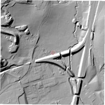 Shaded relief map of the ground around NG165NU, computed from Environment Agency LiDAR. The ground here sits at about 75 m above sea level and falls 45 m across the surrounding 800 m. Surface water reaching this point runs off ground lying to the west, 36.2 m higher.