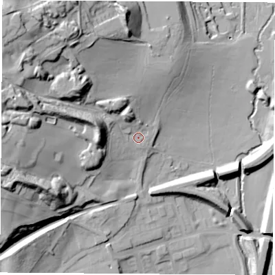 Shaded relief map of the ground around NG165NW, computed from Environment Agency LiDAR. The ground here sits at about 85 m above sea level and falls 54 m across the surrounding 800 m. Surface water reaching this point runs off ground lying to the west-north-west, 35.0 m higher.