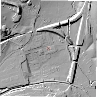 Shaded relief map of the ground around NG165NX, computed from Environment Agency LiDAR. The ground here sits at about 78 m above sea level and falls 44 m across the surrounding 800 m. Surface water reaching this point runs off ground lying to the west-north-west, 12.6 m higher.