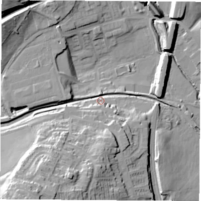Shaded relief map of the ground around NG165PF, computed from Environment Agency LiDAR. The ground here sits at about 82 m above sea level and falls 46 m across the surrounding 800 m. Surface water reaching this point runs off ground lying to the south-west, 39.4 m higher.