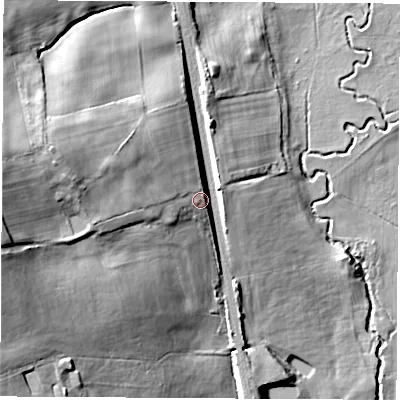 Shaded relief map of the ground around NG165PR, computed from Environment Agency LiDAR. The ground here sits at about 79 m above sea level and falls 35 m across the surrounding 800 m. Surface water reaching this point runs off ground lying to the west-north-west, 18.8 m higher.