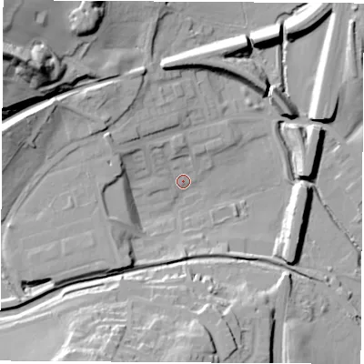 Shaded relief map of the ground around NG165QB, computed from Environment Agency LiDAR. The ground here sits at about 76 m above sea level and falls 45 m across the surrounding 800 m. Surface water reaching this point runs off ground lying to the west-north-west, 24.5 m higher.