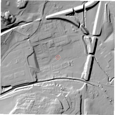 Shaded relief map of the ground around NG165QD, computed from Environment Agency LiDAR. The ground here sits at about 74 m above sea level and falls 44 m across the surrounding 800 m. Surface water reaching this point runs off ground lying to the west-north-west, 13.1 m higher.