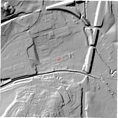 Shaded relief map of the ground around NG165QE, computed from Environment Agency LiDAR. The ground here sits at about 75 m above sea level and falls 44 m across the surrounding 800 m. Surface water reaching this point runs off ground lying to the east, 10.0 m higher.
