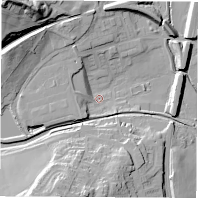Shaded relief map of the ground around NG165QF, computed from Environment Agency LiDAR. The ground here sits at about 76 m above sea level and falls 46 m across the surrounding 800 m. Surface water reaching this point runs off ground lying to the south-west, 10.5 m higher.