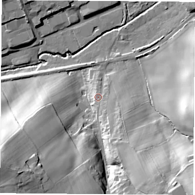 Shaded relief map of the ground around NG166FF, computed from Environment Agency LiDAR. The ground here sits at about 96 m above sea level and falls 45 m across the surrounding 800 m. Surface water reaching this point runs off ground lying to the south-east, 24.4 m higher.