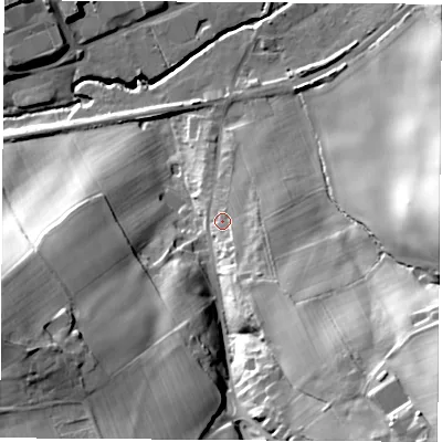 Shaded relief map of the ground around NG166FH, computed from Environment Agency LiDAR. The ground here sits at about 99 m above sea level and falls 50 m across the surrounding 800 m. Surface water reaching this point runs off ground lying to the south-east, 20.4 m higher.