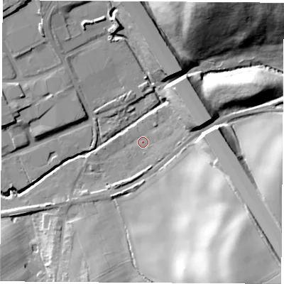 Shaded relief map of the ground around NG166GJ, computed from Environment Agency LiDAR. The ground here sits at about 91 m above sea level and falls 46 m across the surrounding 800 m. Surface water reaching this point runs off ground lying to the east-north-east, 16.2 m higher.
