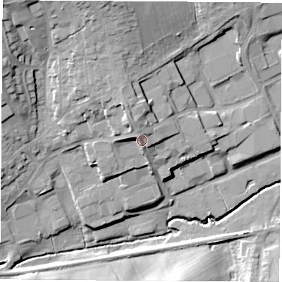 Shaded relief map of the ground around NG166NS, computed from Environment Agency LiDAR. The ground here sits at about 100 m above sea level and falls 25 m across the surrounding 800 m. Surface water reaching this point runs off ground lying to the north-north-west, 6.3 m higher.