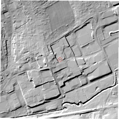 Shaded relief map of the ground around NG166NT, computed from Environment Agency LiDAR. The ground here sits at about 97 m above sea level and falls 28 m across the surrounding 800 m. Surface water reaching this point runs off ground lying to the west-south-west, 5.3 m higher.