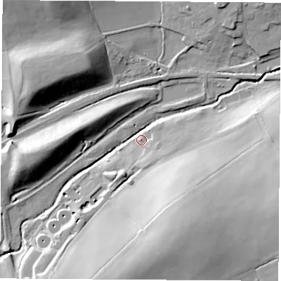 Shaded relief map of the ground around NG166PN, computed from Environment Agency LiDAR. The ground here sits at about 86 m above sea level and falls 31 m across the surrounding 800 m. Surface water reaching this point runs off ground lying to the south-south-east, 30.3 m higher.