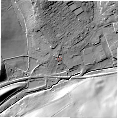 Shaded relief map of the ground around NG166PP, computed from Environment Agency LiDAR. The ground here sits at about 89 m above sea level and falls 37 m across the surrounding 800 m. Surface water reaching this point runs off ground lying to the north, 4.2 m higher.