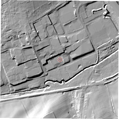 Shaded relief map of the ground around NG166RA, computed from Environment Agency LiDAR. The ground here sits at about 90 m above sea level and falls 24 m across the surrounding 800 m. Surface water reaching this point runs off ground lying to the north-west, 6.9 m higher.