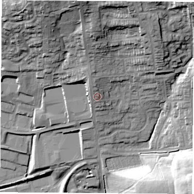 Shaded relief map of the ground around NG172JL, computed from Environment Agency LiDAR. The ground here sits at about 142 m above sea level and falls 50 m across the surrounding 800 m. Surface water reaching this point runs off ground lying to the north-north-west, 3.3 m higher.