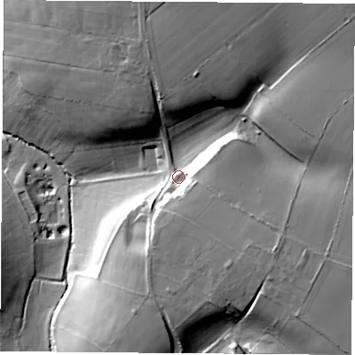 Shaded relief map of the ground around NG173DA, computed from Environment Agency LiDAR. The ground here sits at about 144 m above sea level and falls 33 m across the surrounding 800 m. Surface water reaching this point runs off ground lying to the south-east, 16.6 m higher.