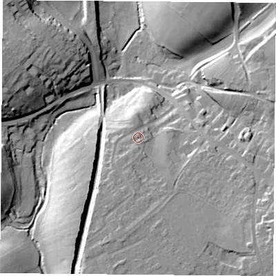 Shaded relief map of the ground around NG173DF, computed from Environment Agency LiDAR. The ground here sits at about 151 m above sea level and falls 30 m across the surrounding 800 m. Surface water reaching this point runs off ground lying to the south-south-west, 9.3 m higher.