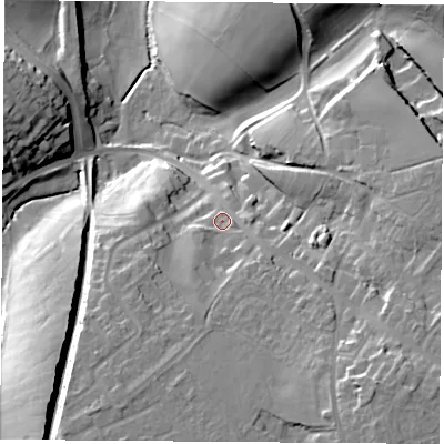 Shaded relief map of the ground around NG173DW, computed from Environment Agency LiDAR. The ground here sits at about 148 m above sea level and falls 31 m across the surrounding 800 m. Surface water reaching this point runs off ground lying to the south-south-east, 12.5 m higher.