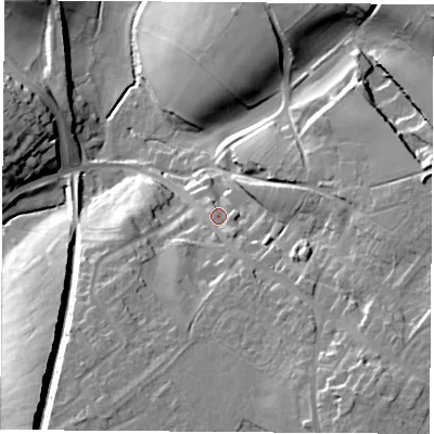 Shaded relief map of the ground around NG173DX, computed from Environment Agency LiDAR. The ground here sits at about 147 m above sea level and falls 32 m across the surrounding 800 m. Surface water reaching this point runs off ground lying to the south-east, 16.2 m higher.