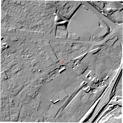 Shaded relief map of the ground around NG174HT, computed from Environment Agency LiDAR. The ground here sits at about 140 m above sea level and falls 17 m across the surrounding 800 m. Surface water reaching this point runs off ground lying to the north-west, 2.9 m higher.
