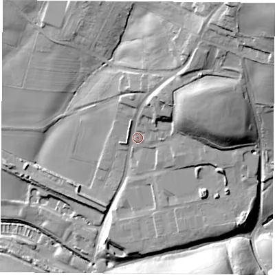 Shaded relief map of the ground around NG179LE, computed from Environment Agency LiDAR. The ground here sits at about 117 m above sea level and falls 61 m across the surrounding 800 m. Surface water reaching this point runs off ground lying to the north-east, 22.4 m higher.