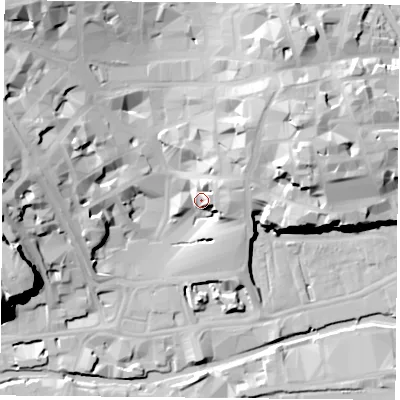 Shaded relief map of the ground around NG17DG, computed from Environment Agency LiDAR. The ground here sits at about 32 m above sea level and falls 32 m across the surrounding 800 m. Surface water reaching this point runs off ground lying to the north-east, 13.5 m higher.
