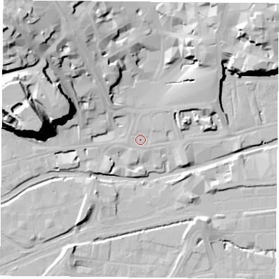 Shaded relief map of the ground around NG17EG, computed from Environment Agency LiDAR. The ground here sits at about 25 m above sea level and falls 43 m across the surrounding 800 m. Surface water reaching this point runs off ground lying to the west, 40.8 m higher.
