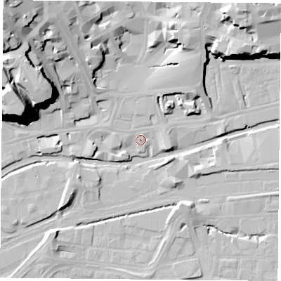 Shaded relief map of the ground around NG17EH, computed from Environment Agency LiDAR. The ground here sits at about 25 m above sea level and falls 43 m across the surrounding 800 m. Surface water reaching this point runs off ground lying to the west-north-west, 40.6 m higher.