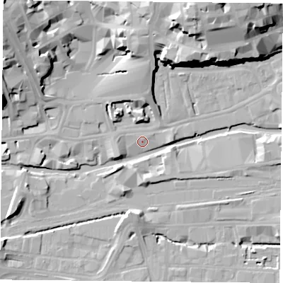 Shaded relief map of the ground around NG17EL, computed from Environment Agency LiDAR. The ground here sits at about 25 m above sea level and falls 27 m across the surrounding 800 m. The ground contributing surface water to this point lies to the north-north-west.