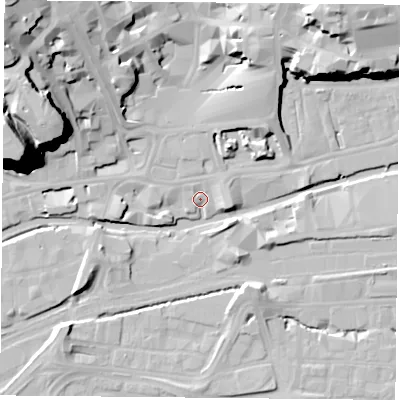 Shaded relief map of the ground around NG17ET, computed from Environment Agency LiDAR. The ground here sits at about 24 m above sea level and falls 42 m across the surrounding 800 m. Surface water reaching this point runs off ground lying to the west-north-west, 41.7 m higher.