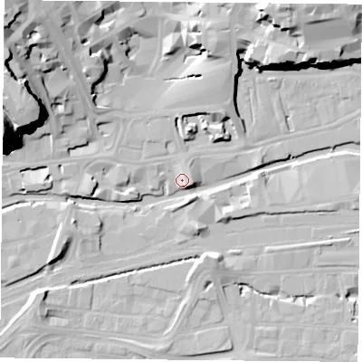 Shaded relief map of the ground around NG17FG, computed from Environment Agency LiDAR. The ground here sits at about 26 m above sea level and falls 42 m across the surrounding 800 m. Surface water reaching this point runs off ground lying to the west-north-west, 29.5 m higher.