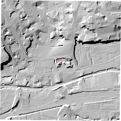 Shaded relief map of the ground around NG17FH, computed from Environment Agency LiDAR. The ground here sits at about 25 m above sea level and falls 29 m across the surrounding 800 m. Surface water reaching this point runs off ground lying to the south-south-west, 5.0 m higher.