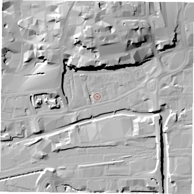 Shaded relief map of the ground around NG17HB, computed from Environment Agency LiDAR. The ground here sits at about 25 m above sea level and falls 28 m across the surrounding 800 m. Surface water reaching this point runs off ground lying to the north, 26.4 m higher.