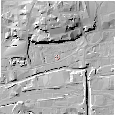 Shaded relief map of the ground around NG17HD, computed from Environment Agency LiDAR. The ground here sits at about 24 m above sea level and falls 27 m across the surrounding 800 m. Surface water reaching this point runs off ground lying to the north-north-west, 26.4 m higher.