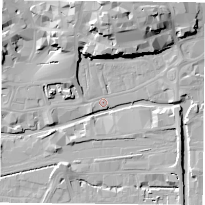 Shaded relief map of the ground around NG17HF, computed from Environment Agency LiDAR. The ground here sits at about 25 m above sea level and falls 28 m across the surrounding 800 m. Surface water reaching this point runs off ground lying to the north, 24.9 m higher.