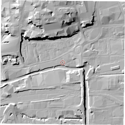 Shaded relief map of the ground around NG17HG, computed from Environment Agency LiDAR. The ground here sits at about 24 m above sea level and falls 28 m across the surrounding 800 m. Surface water reaching this point runs off ground lying to the south-east, 7.1 m higher.