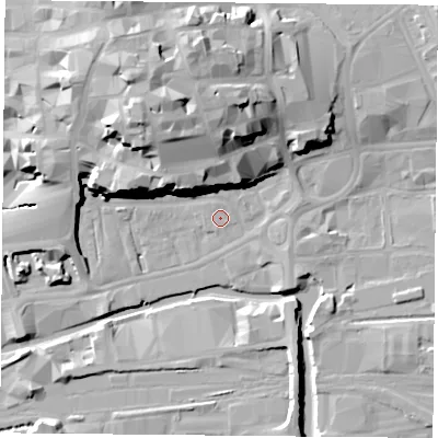 Shaded relief map of the ground around NG17HR, computed from Environment Agency LiDAR. The ground here sits at about 25 m above sea level and falls 27 m across the surrounding 800 m. Surface water reaching this point runs off ground lying to the north-north-west, 0.6 m higher.