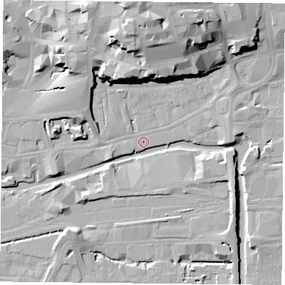 Shaded relief map of the ground around NG17HT, computed from Environment Agency LiDAR. The ground here sits at about 24 m above sea level and falls 28 m across the surrounding 800 m. Surface water reaching this point runs off ground lying to the north, 26.4 m higher.