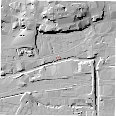 Shaded relief map of the ground around NG17HW, computed from Environment Agency LiDAR. The ground here sits at about 24 m above sea level and falls 28 m across the surrounding 800 m. Surface water reaching this point runs off ground lying to the north, 26.4 m higher.