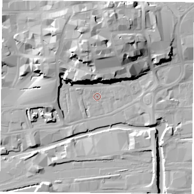 Shaded relief map of the ground around NG17JF, computed from Environment Agency LiDAR. The ground here sits at about 25 m above sea level and falls 27 m across the surrounding 800 m. Surface water reaching this point runs off ground lying to the north-north-west, 26.4 m higher.