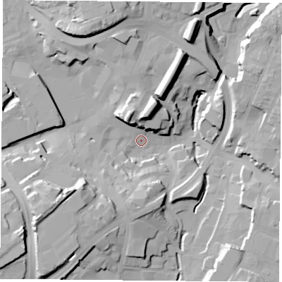 Shaded relief map of the ground around NG181AE, computed from Environment Agency LiDAR. The ground here sits at about 99 m above sea level and falls 29 m across the surrounding 800 m. Surface water reaching this point runs off ground lying to the south-west, 26.1 m higher.