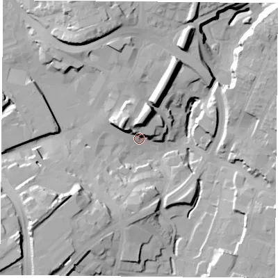 Shaded relief map of the ground around NG181AF, computed from Environment Agency LiDAR. The ground here sits at about 100 m above sea level and falls 29 m across the surrounding 800 m. Surface water reaching this point runs off ground lying to the south-west, 26.1 m higher.
