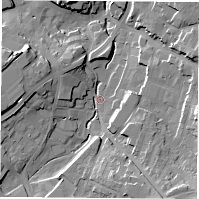 Shaded relief map of the ground around NG181AH, computed from Environment Agency LiDAR. The ground here sits at about 100 m above sea level and falls 27 m across the surrounding 800 m. Surface water reaching this point runs off ground lying to the south-south-east, 22.5 m higher.
