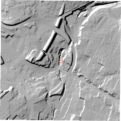 Shaded relief map of the ground around NG181AJ, computed from Environment Agency LiDAR. The ground here sits at about 95 m above sea level and falls 36 m across the surrounding 800 m. Surface water reaching this point runs off ground lying to the east-south-east, 21.4 m higher.