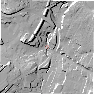 Shaded relief map of the ground around NG181AL, computed from Environment Agency LiDAR. The ground here sits at about 97 m above sea level and falls 28 m across the surrounding 800 m. Surface water reaching this point runs off ground lying to the east-south-east, 21.0 m higher.